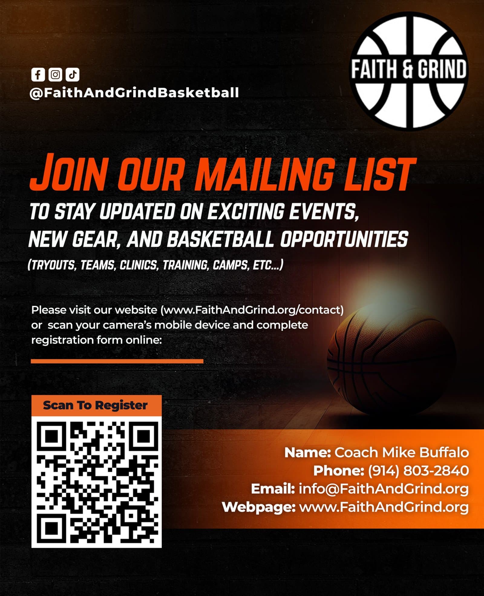 Faith & Grind contact flyer
