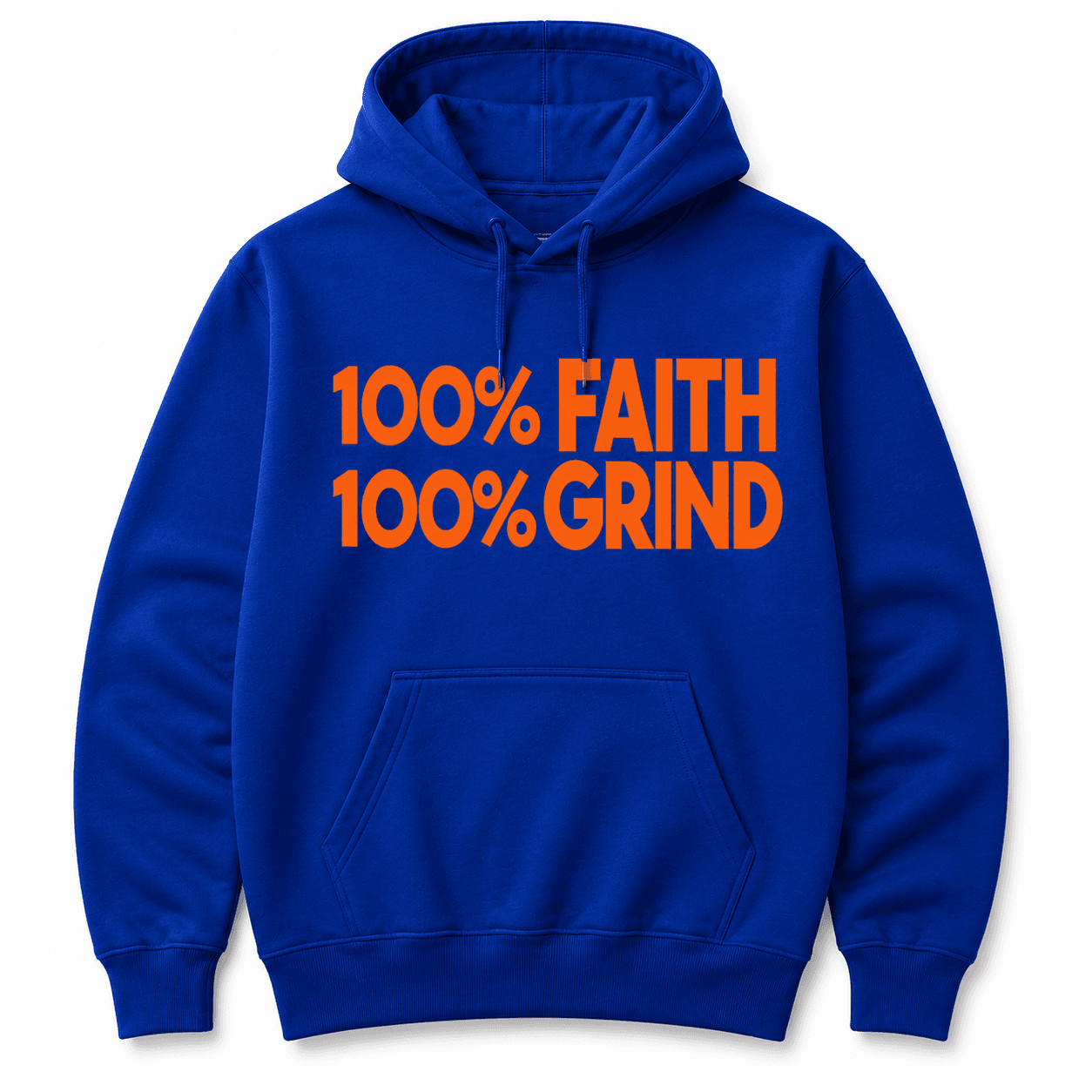 Royal blue 100 percent Faith 100 percent Grind NYC Edition hoodie with orange lettering