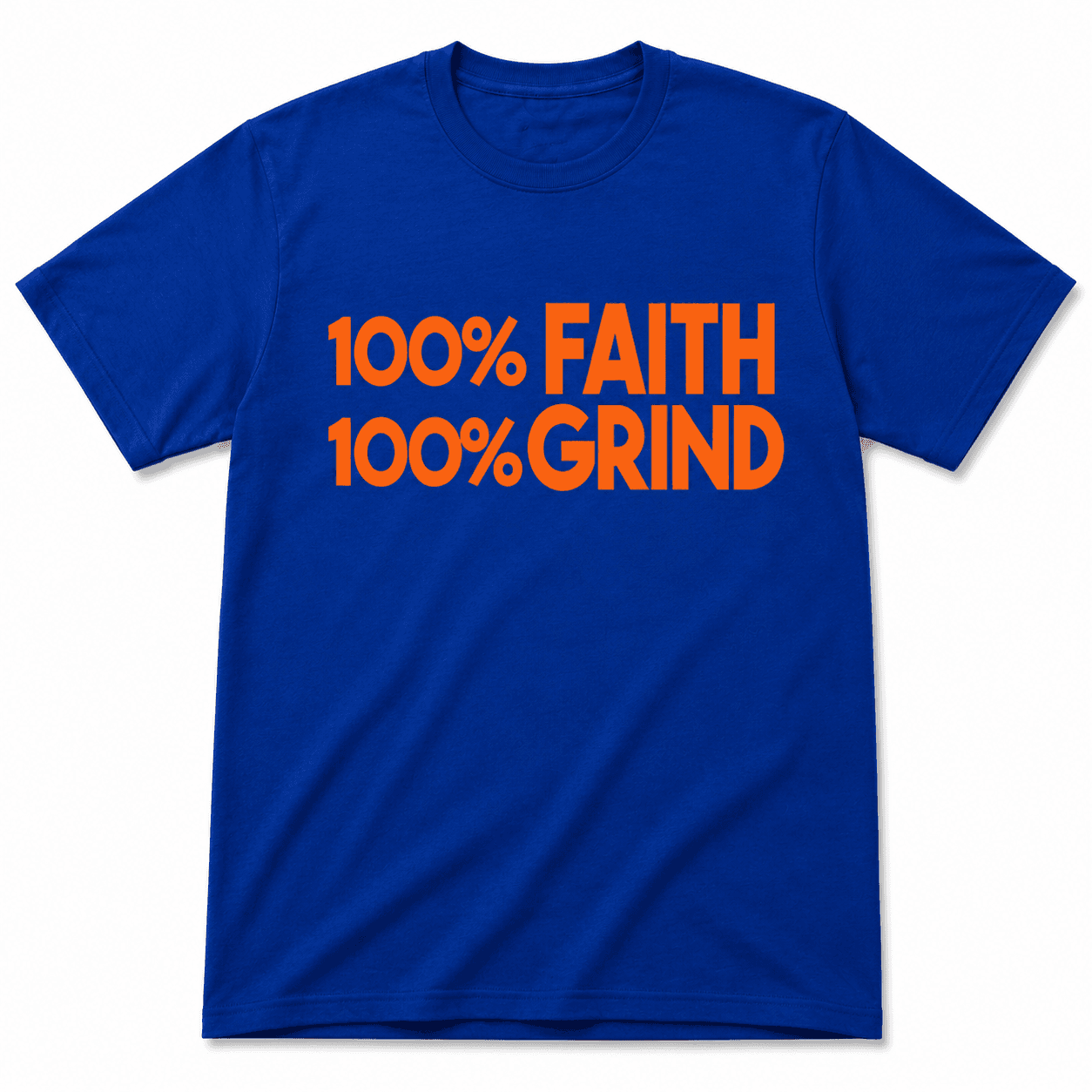 Royal blue 100 percent Faith 100 percent Grind NYC Edition T-shirt with orange lettering