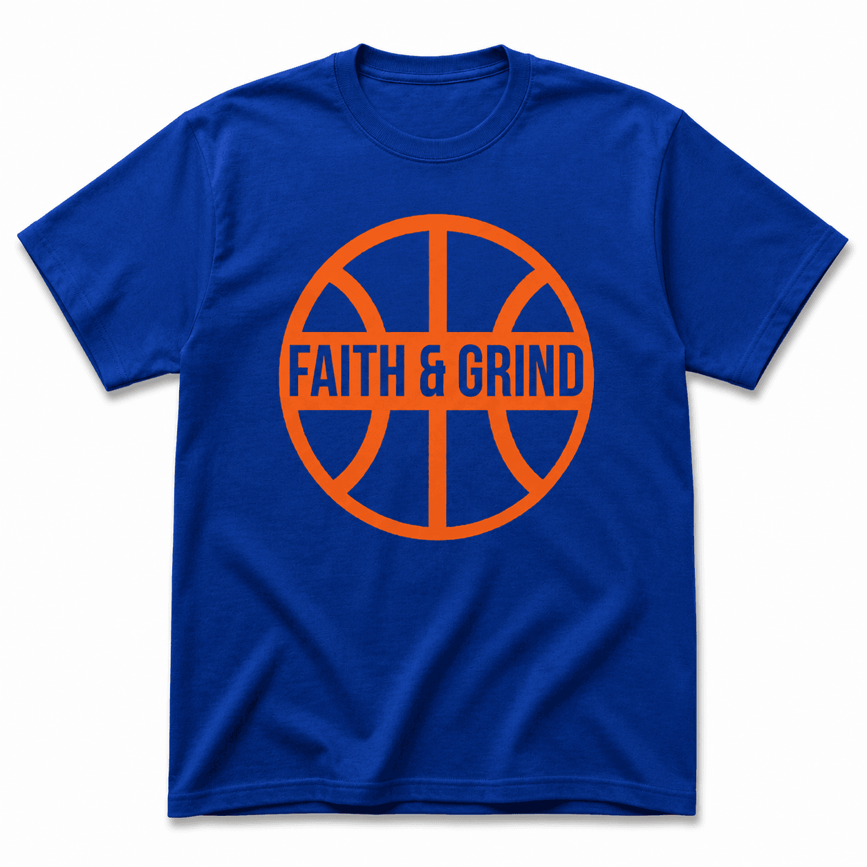 Royal blue Faith and Grind NYC Edition tee with orange basketball logo